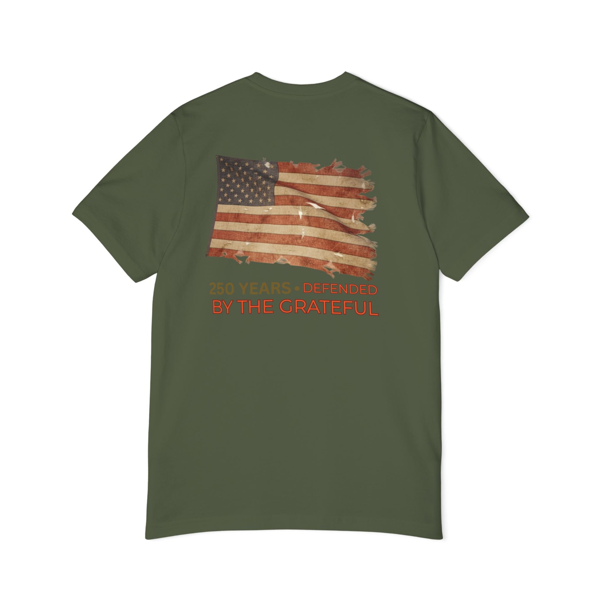 Patriotic T-Shirt — Vintage American Flag "250 Years — Defended by the Grateful"