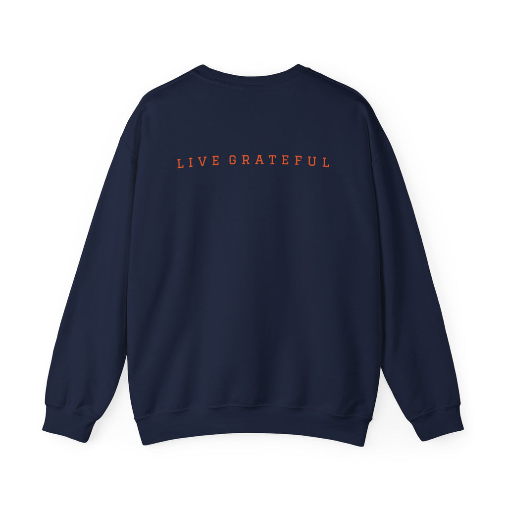 250 Grateful Seal Crewneck Sweatshirt — Retro American Flag '1776–2026' Circle Emblem with 'Live Grateful' Back
