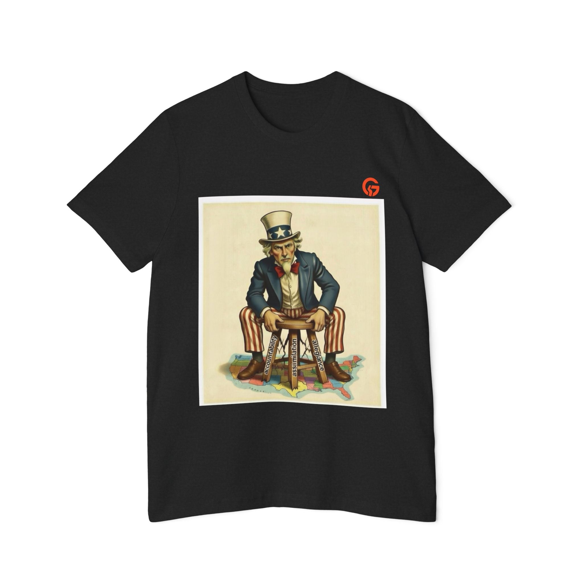 USA-Made Uncle Sam on Cracking Stool of Accountability - Assimilation - Allegiance