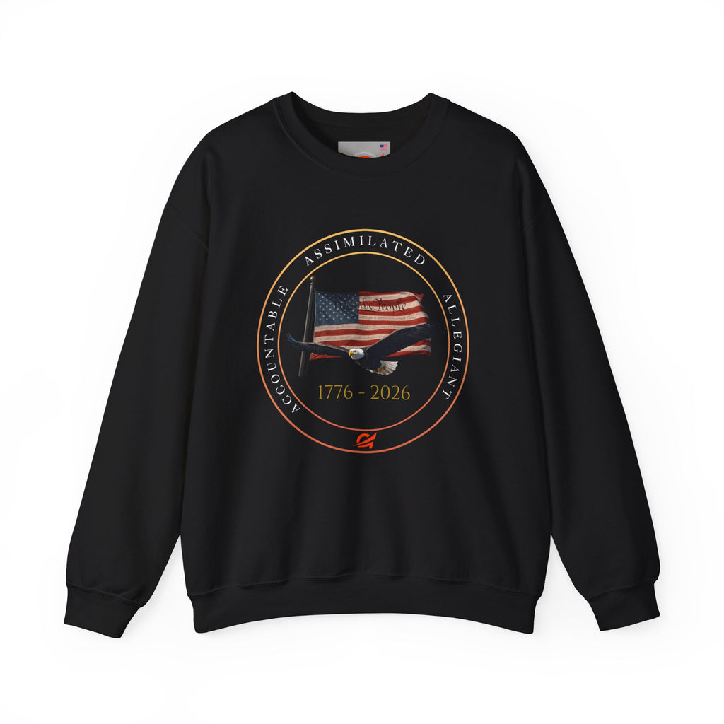 250 Grateful Seal Crewneck Sweatshirt — Retro American Flag '1776–2026' Circle Emblem with 'Live Grateful' Back