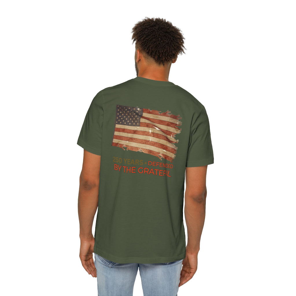 Patriotic T-Shirt — Vintage American Flag "250 Years — Defended by the Grateful"