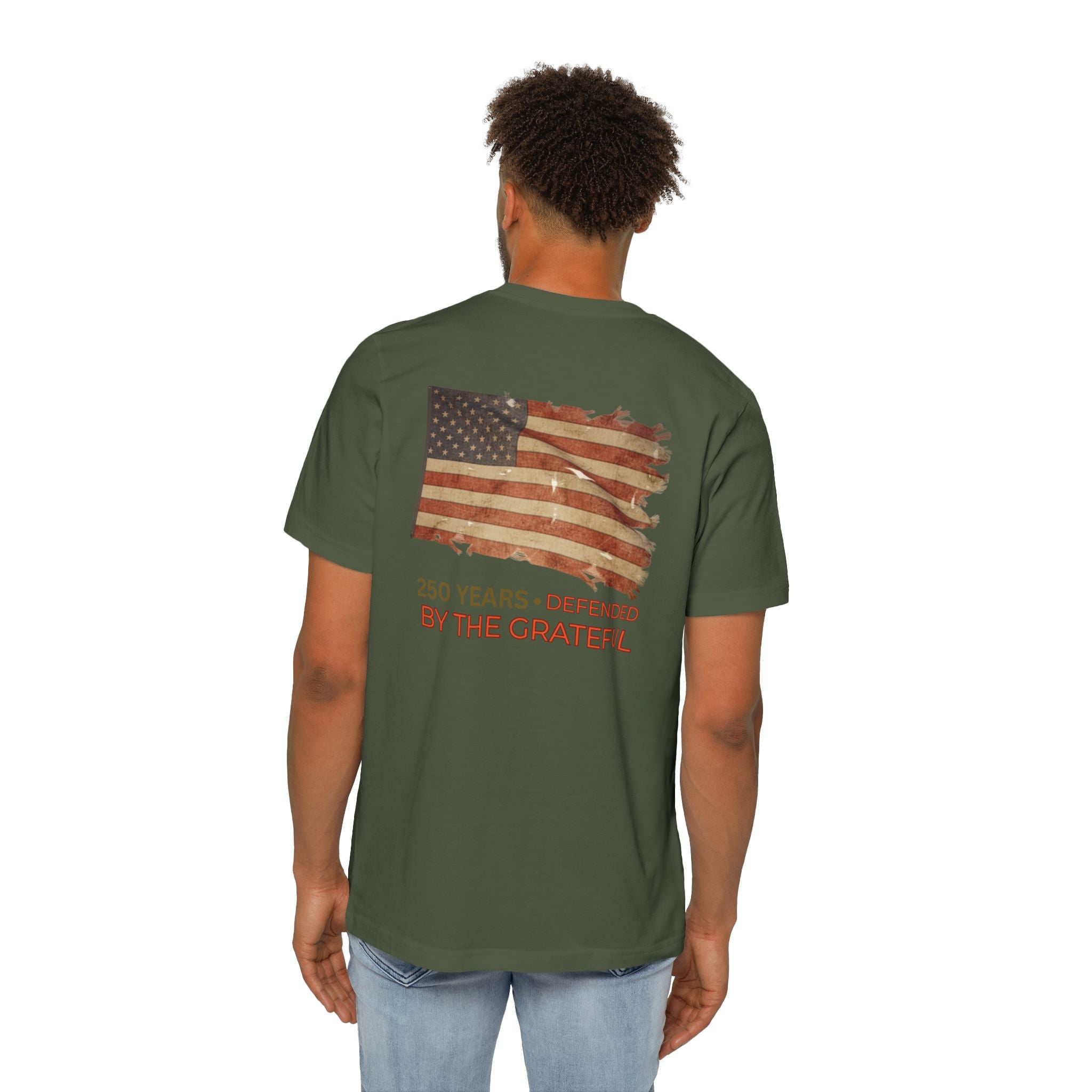 Patriotic T-Shirt — Vintage American Flag "250 Years — Defended by the Grateful"
