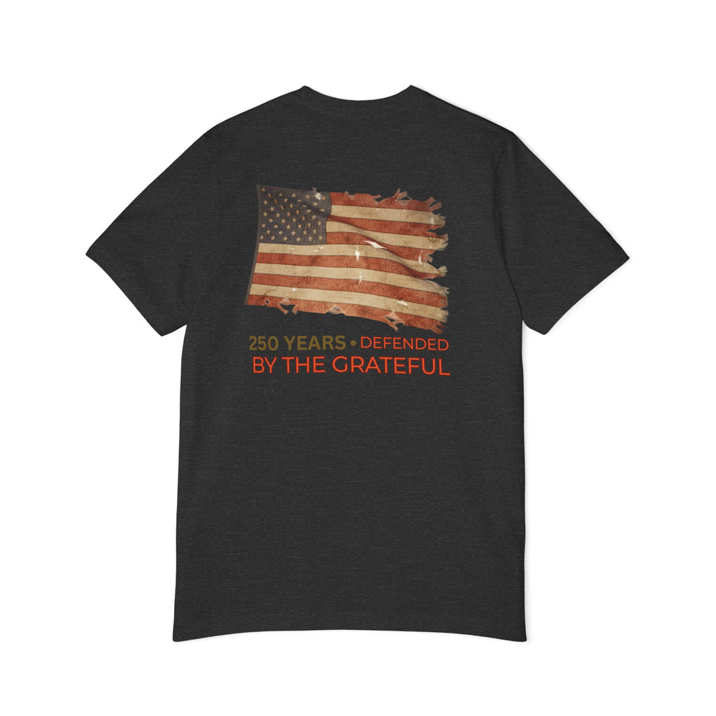 Patriotic T-Shirt — Vintage American Flag "250 Years — Defended by the Grateful"