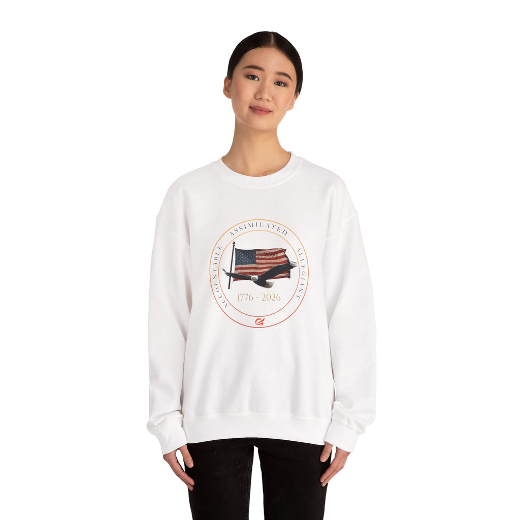 250 Grateful Seal Crewneck Sweatshirt Blk Txt — Retro American Flag '1776–2026' Circle Emblem with 'Live Grateful' Back