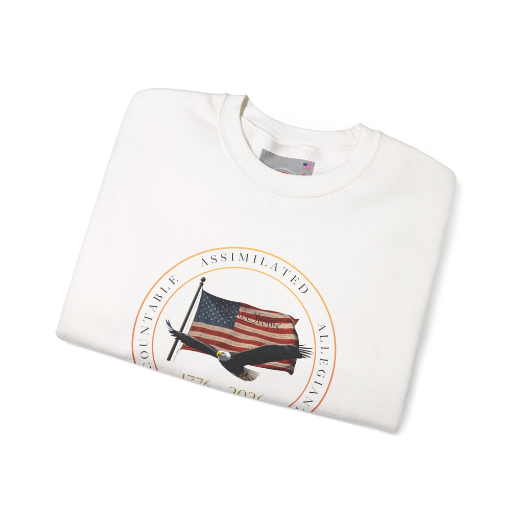 250 Grateful Seal Crewneck Sweatshirt Blk Txt — Retro American Flag '1776–2026' Circle Emblem with 'Live Grateful' Back