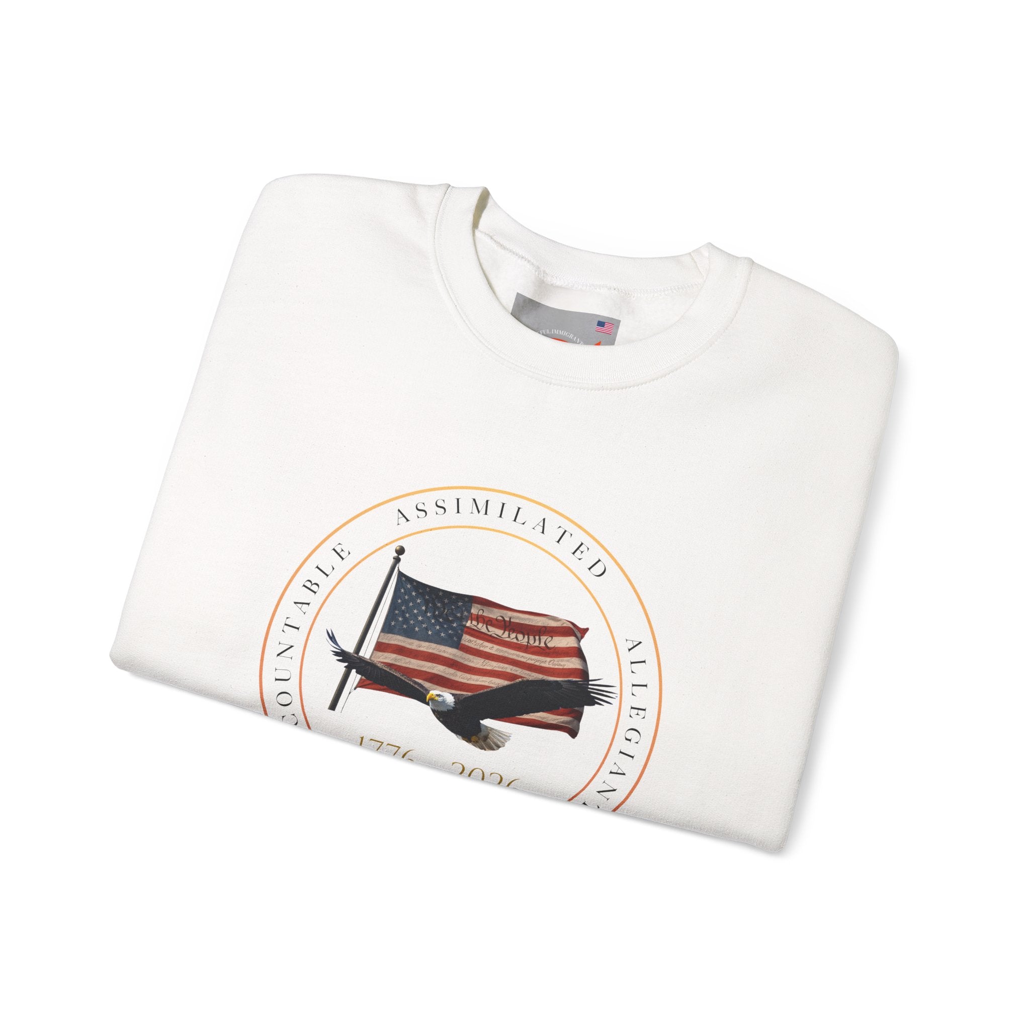 250 Grateful Seal Crewneck Sweatshirt Blk Txt — Retro American Flag '1776–2026' Circle Emblem with 'Live Grateful' Back
