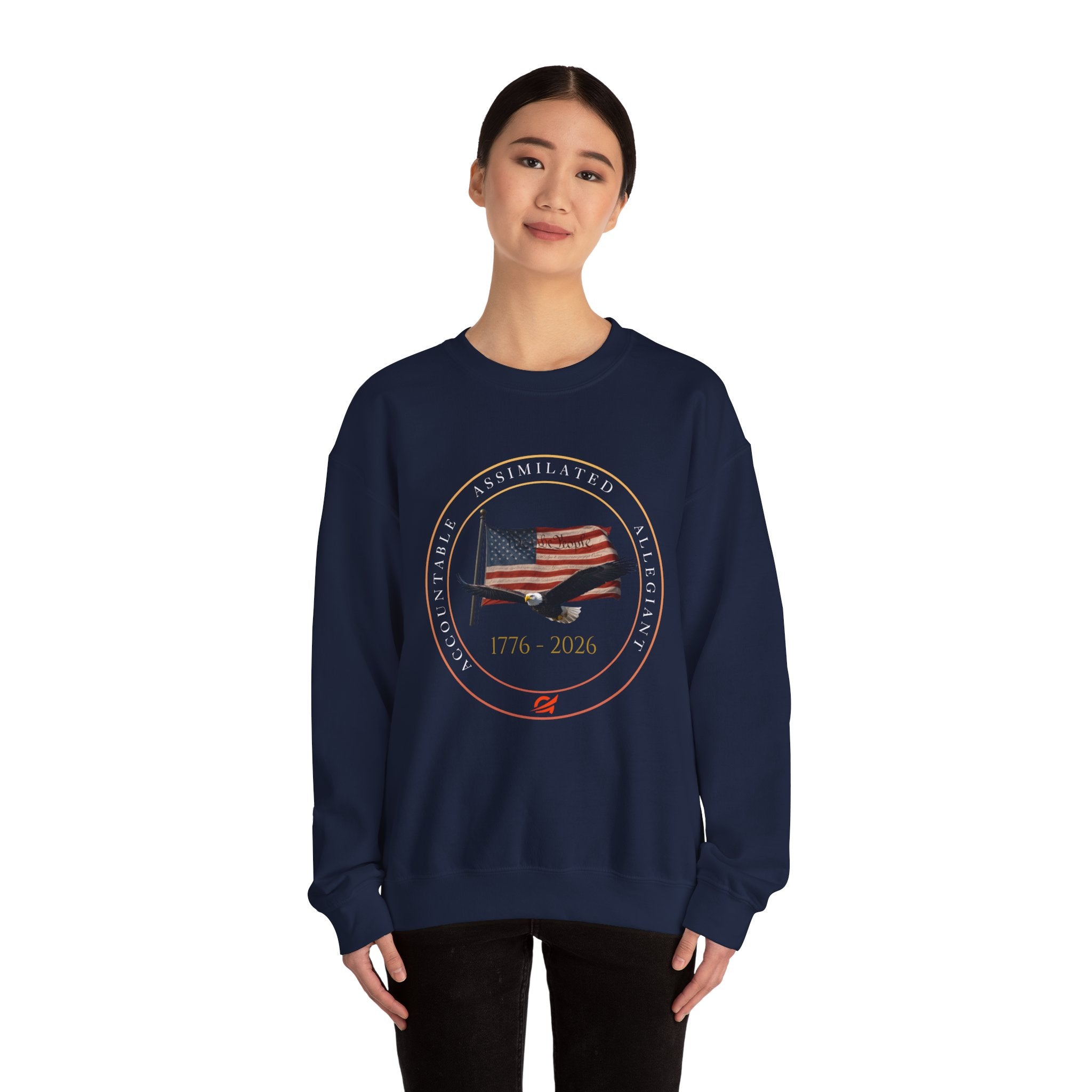 250 Grateful Seal Crewneck Sweatshirt — Retro American Flag '1776–2026' Circle Emblem with 'Live Grateful' Back
