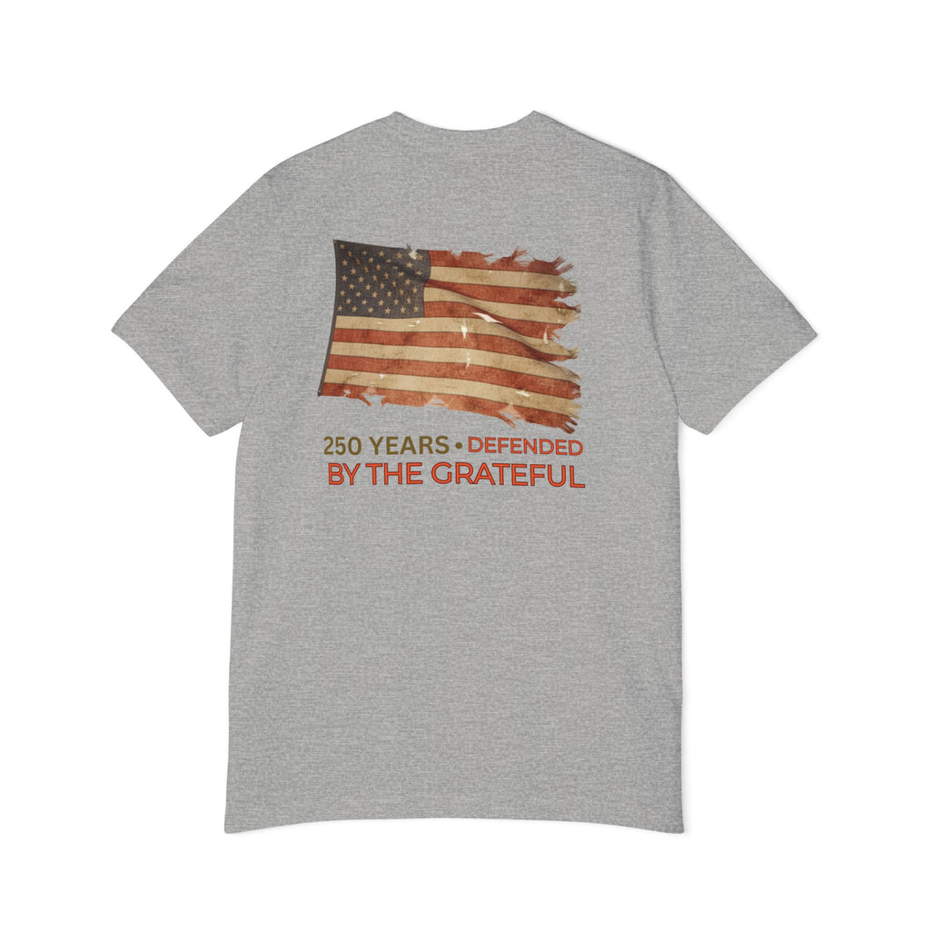 Patriotic T-Shirt — Vintage American Flag "250 Years — Defended by the Grateful"
