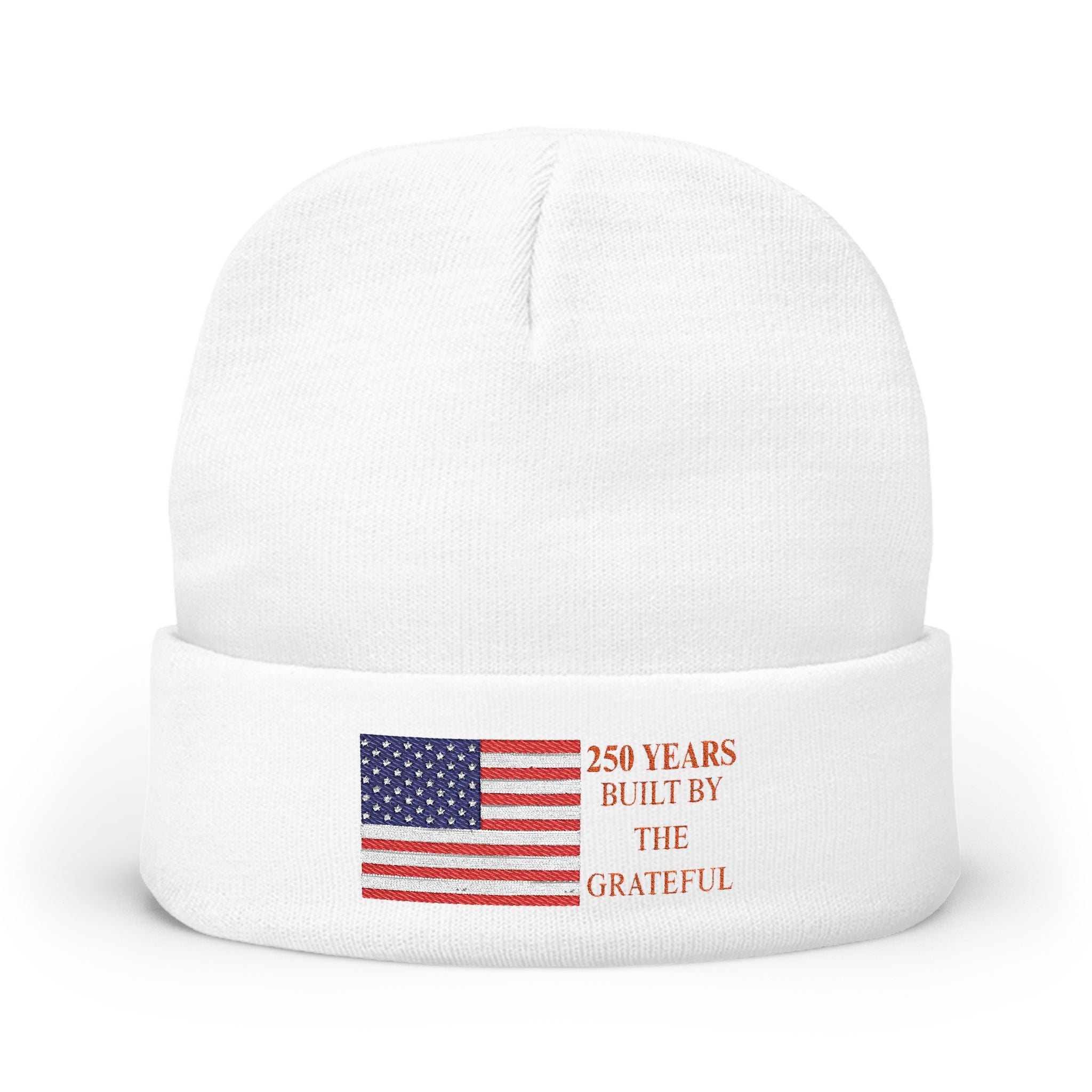 Embroidered American Flag Beanie — 250 Years USA Anniversary Knit Hat