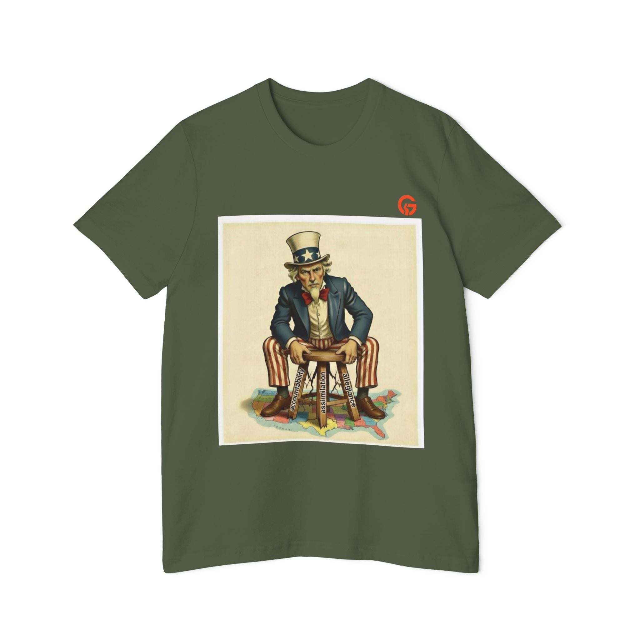USA-Made Uncle Sam on Cracking Stool of Accountability - Assimilation - Allegiance