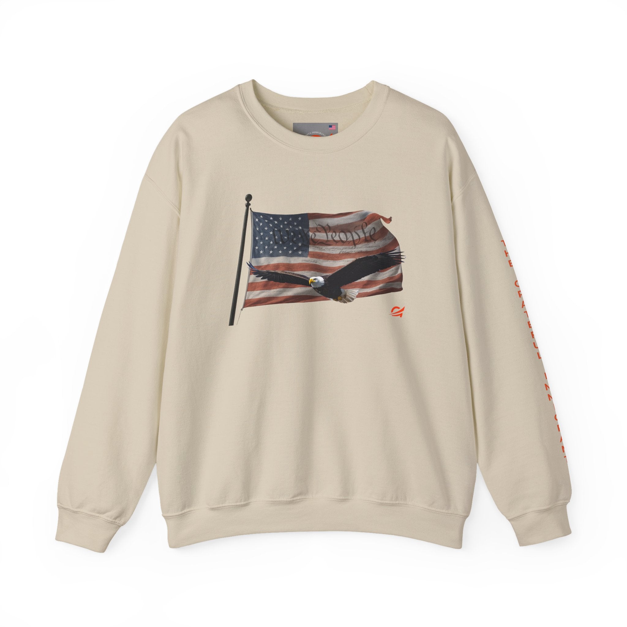 Grateful Crewneck Sweatshirt — Waving American Flag and Transparent Constitution with Eagle Graphic