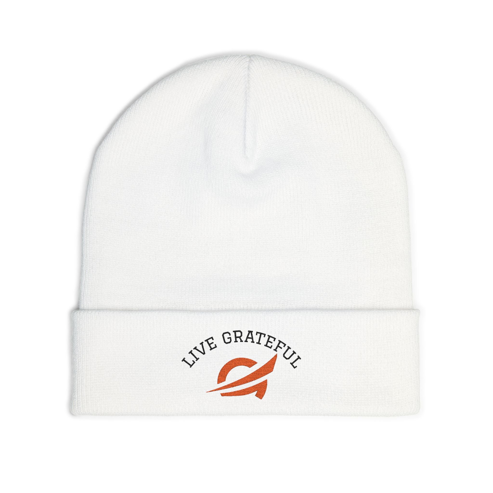 Live Grateful Embroidered Beanie — Cozy Knit Hat with Positive Message