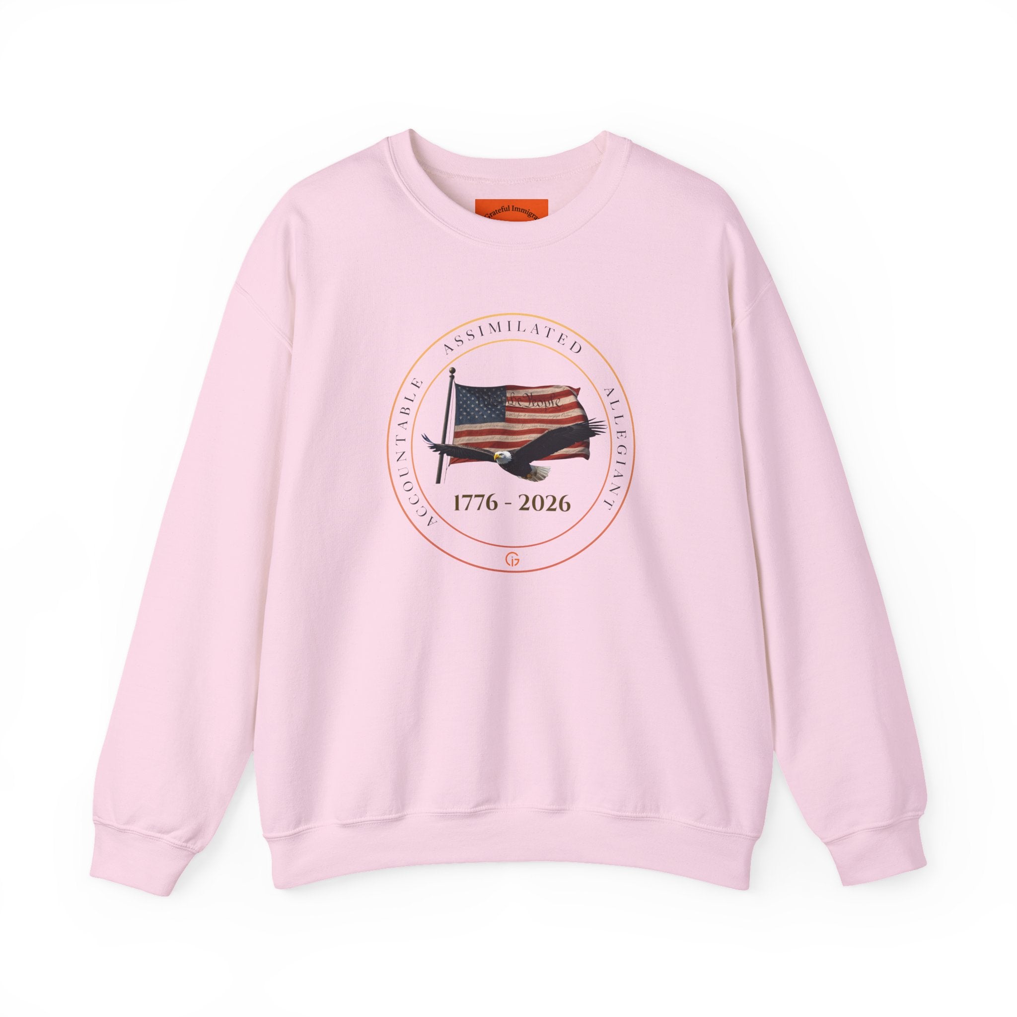 250 Grateful Crewneck Sweatshirt Blk Txt — Retro American Flag '1776–2026' Circle Emblem with 'Live Grateful' Back
