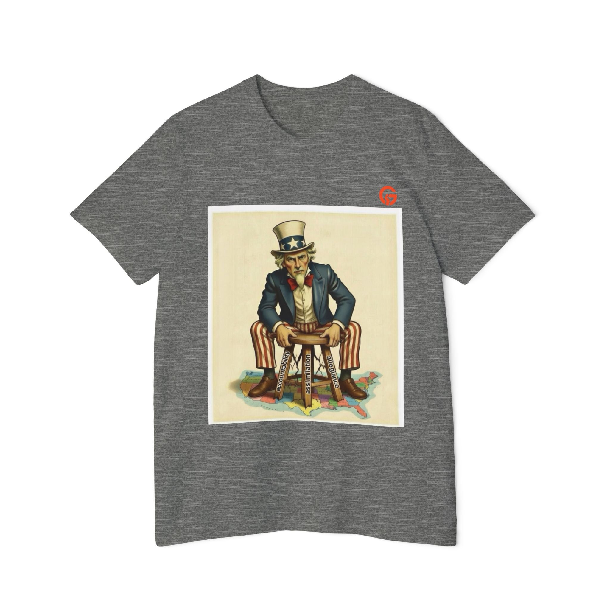 USA-Made Uncle Sam on Cracking Stool of Accountability - Assimilation - Allegiance