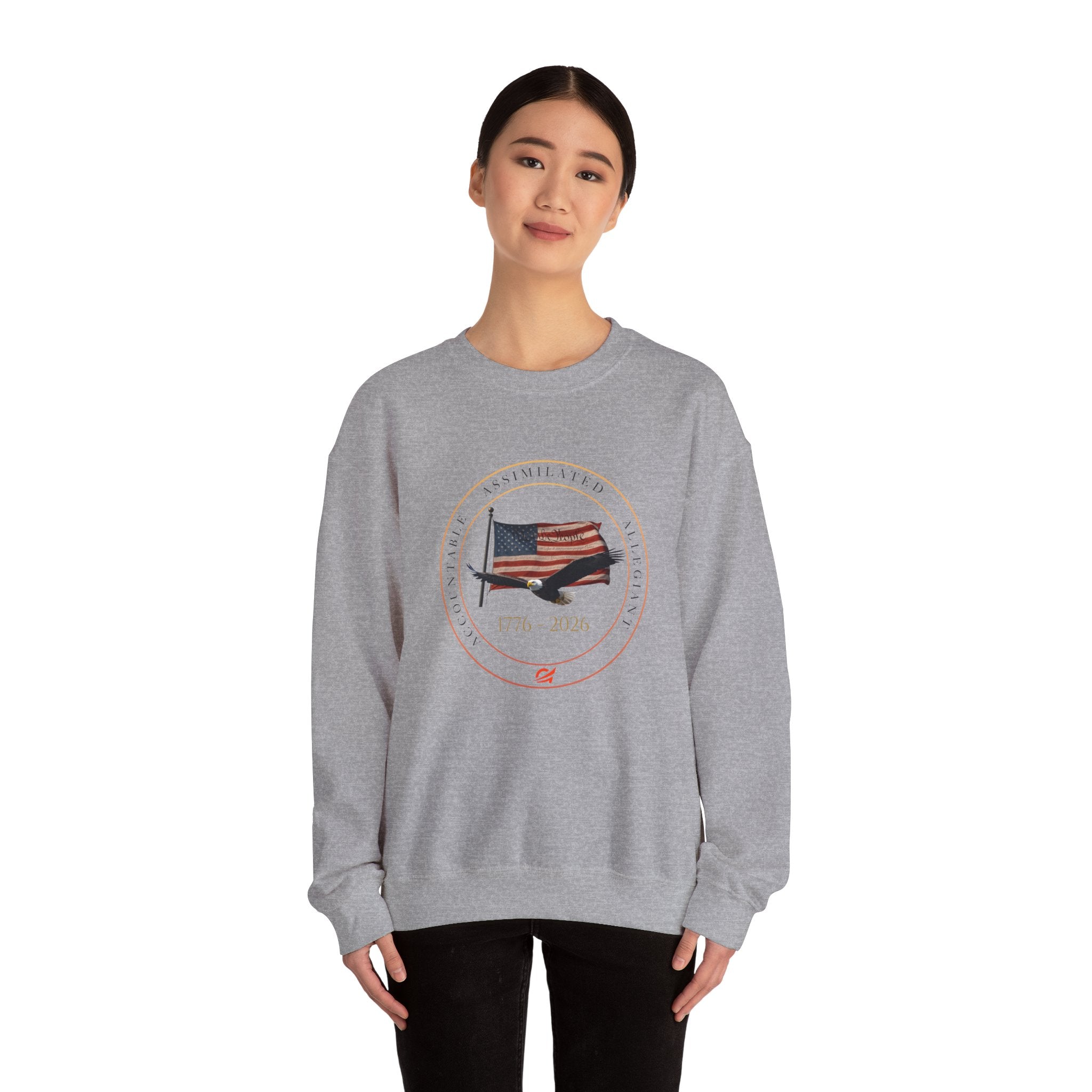 250 Grateful Seal Crewneck Sweatshirt Blk Txt — Retro American Flag '1776–2026' Circle Emblem with 'Live Grateful' Back