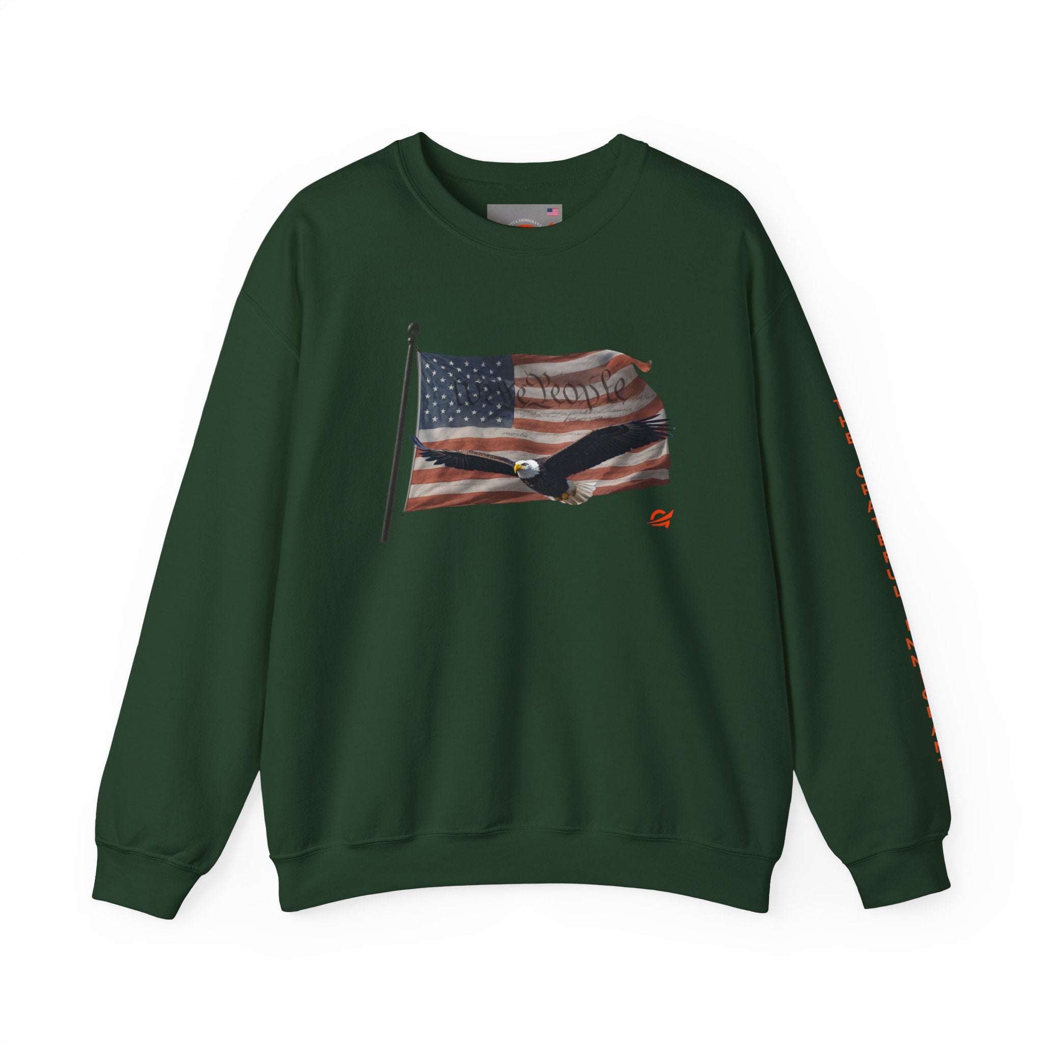 Grateful Crewneck Sweatshirt — Waving American Flag and Transparent Constitution with Eagle Graphic