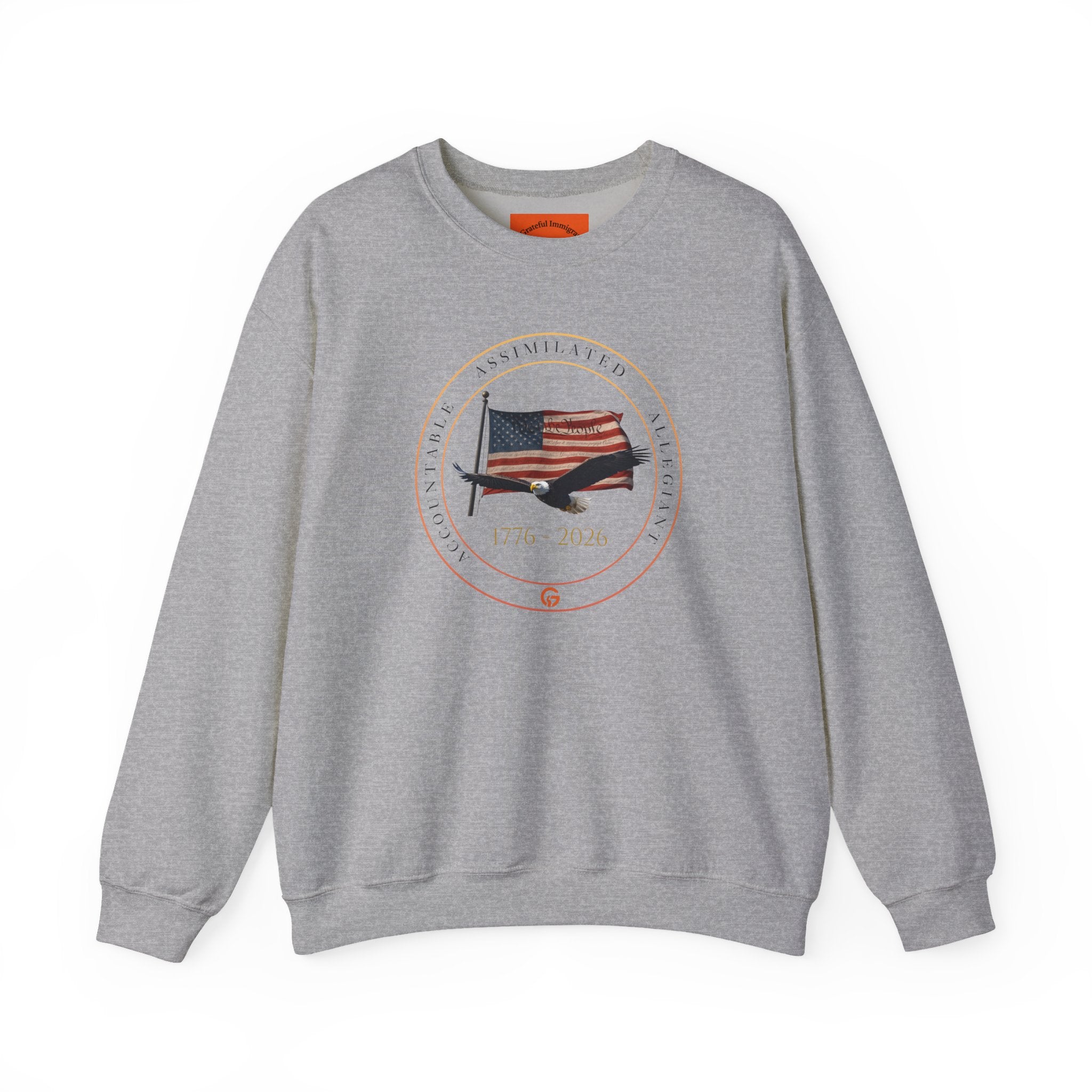 250 Grateful Crewneck Sweatshirt Blk Txt — Retro American Flag '1776–2026' Circle Emblem with 'Live Grateful' Back